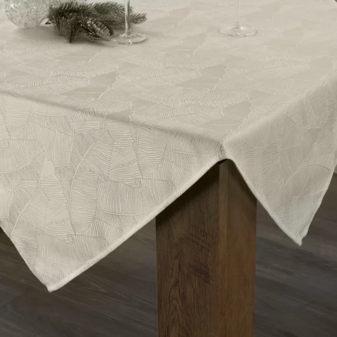 Obrus kremowo, biały 140x300 cm ISLA z żakardowym wzorem liści bananowca