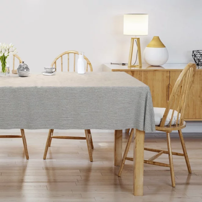 Obrus na wymiar STYLE popielaty o naturalnym charakterze, z widocznym, ozdobnym splotem