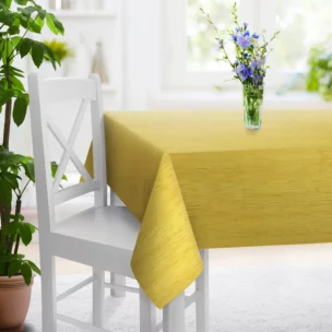 Obrus na wymiar żółty z tkaniny welwetowej w pionowe prążki,