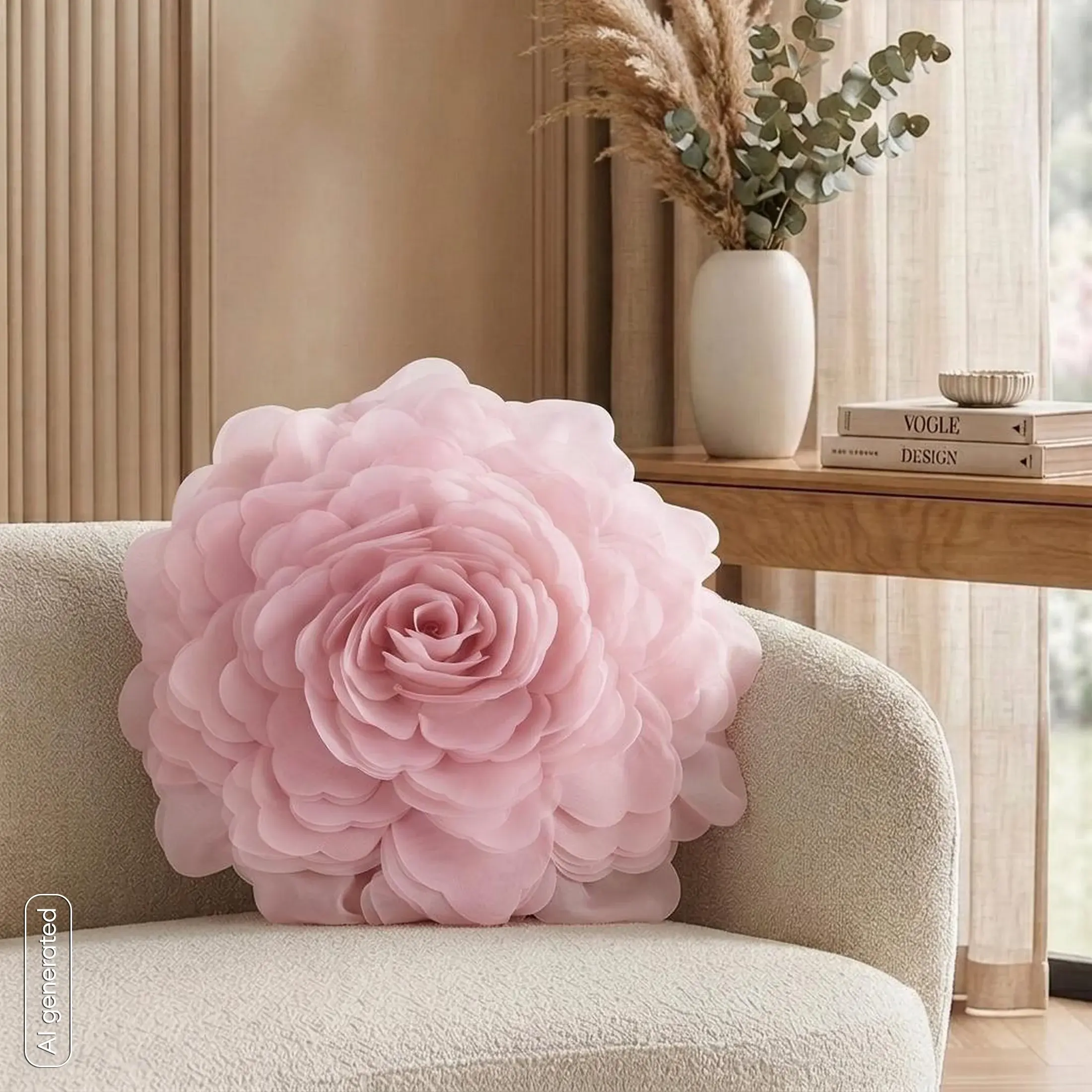 Okrągła poszewka o średnicy 40 cm pudrowa z ozdobnym kwiatem 3D FLORES 6