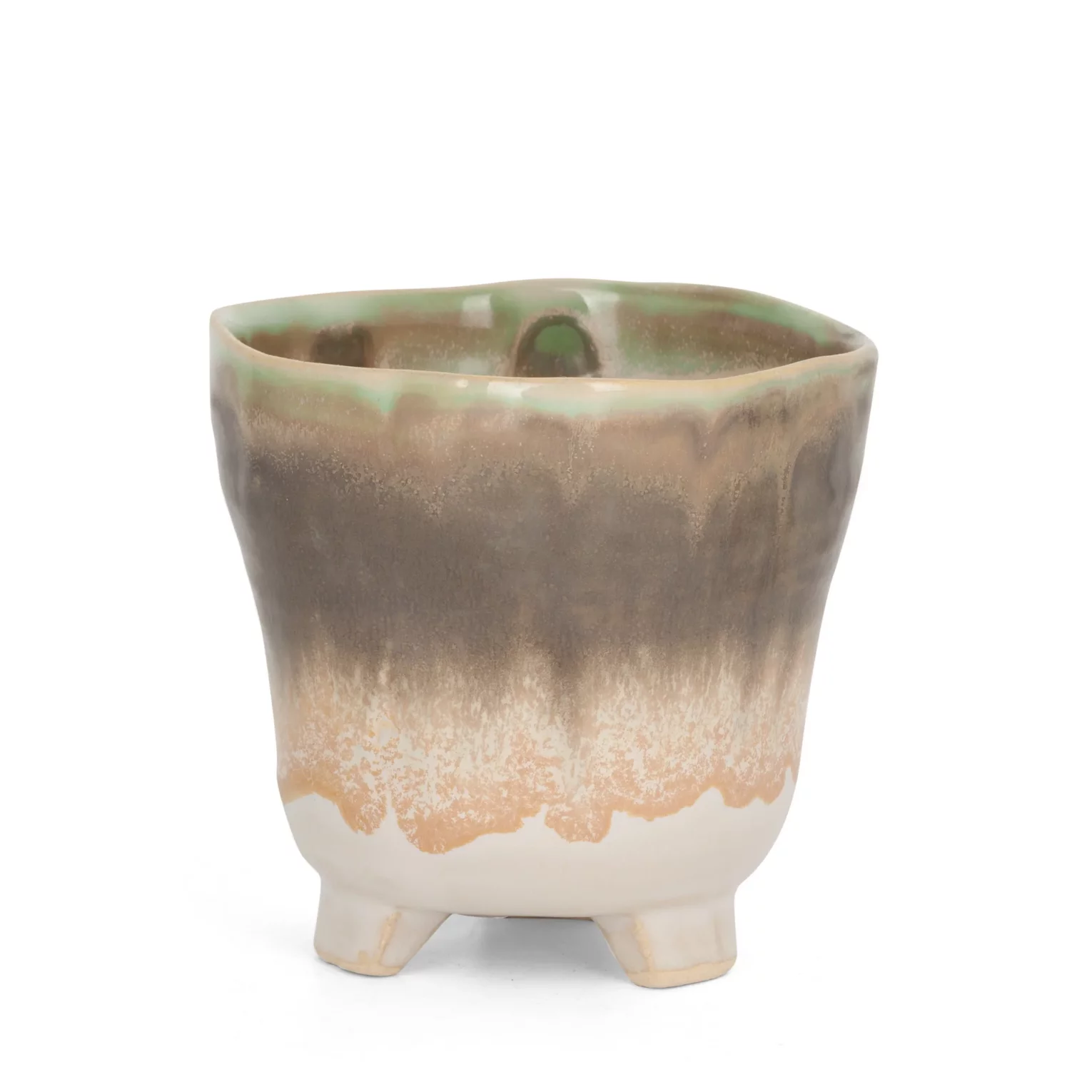 Osłonka ceramiczna na donicę  kremowo-beżowa w stylu boho z cieniowaniem średnica 11x10 cm KATIA