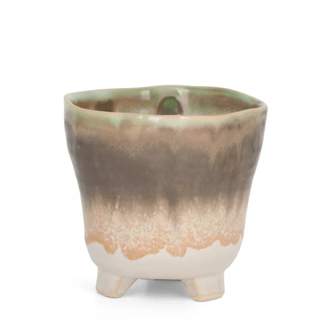 Osłonka ceramiczna na donicę kremowo-beżowa w stylu boho z cieniowaniem średnica 11x10 cm KATIA
