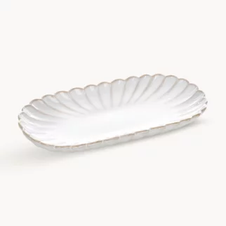 Patera ceramiczna dekoracyjna kremowo-beżowa z przecieranym wzorem w stylu eko 23x12x3 cm AVRIL