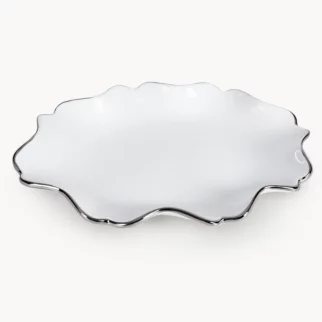 Patera ceramiczna dekoracyjna biało-srebrna o prostokątnym kształcie z efektem przecieranego  drzewa 30x16x3 cm AUREN