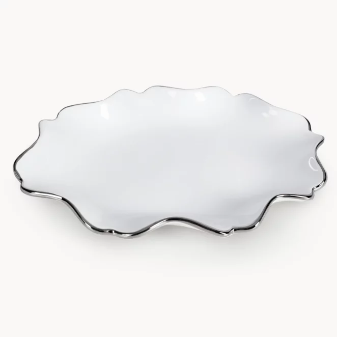 Patera ceramiczna dekoracyjna biało-srebrna o prostokątnym kształcie z efektem przecieranego drzewa 30x16x3 cm AUREN