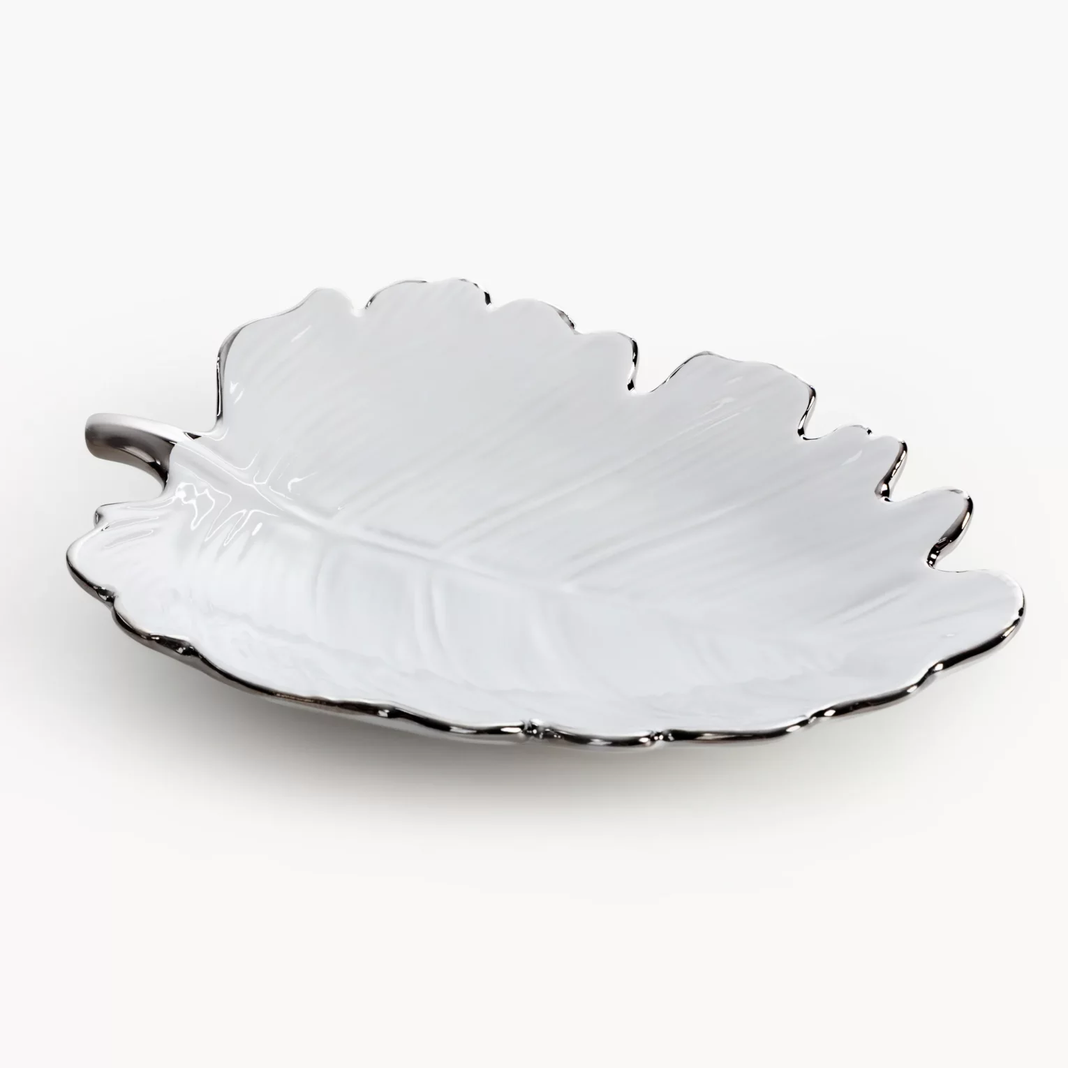 Patera ceramiczna dekoracyjna biało-srebrna  w kształcie liścia 20x15x4 cm ALMA 3