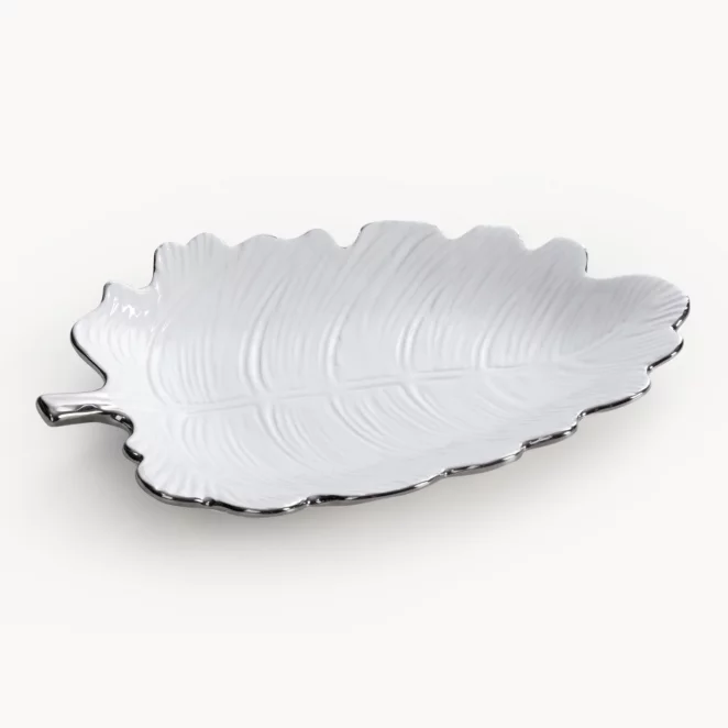 Patera ceramiczna dekoracyjna biało-srebrna w kształcie liścia 26x18x4 cm ALMA 2