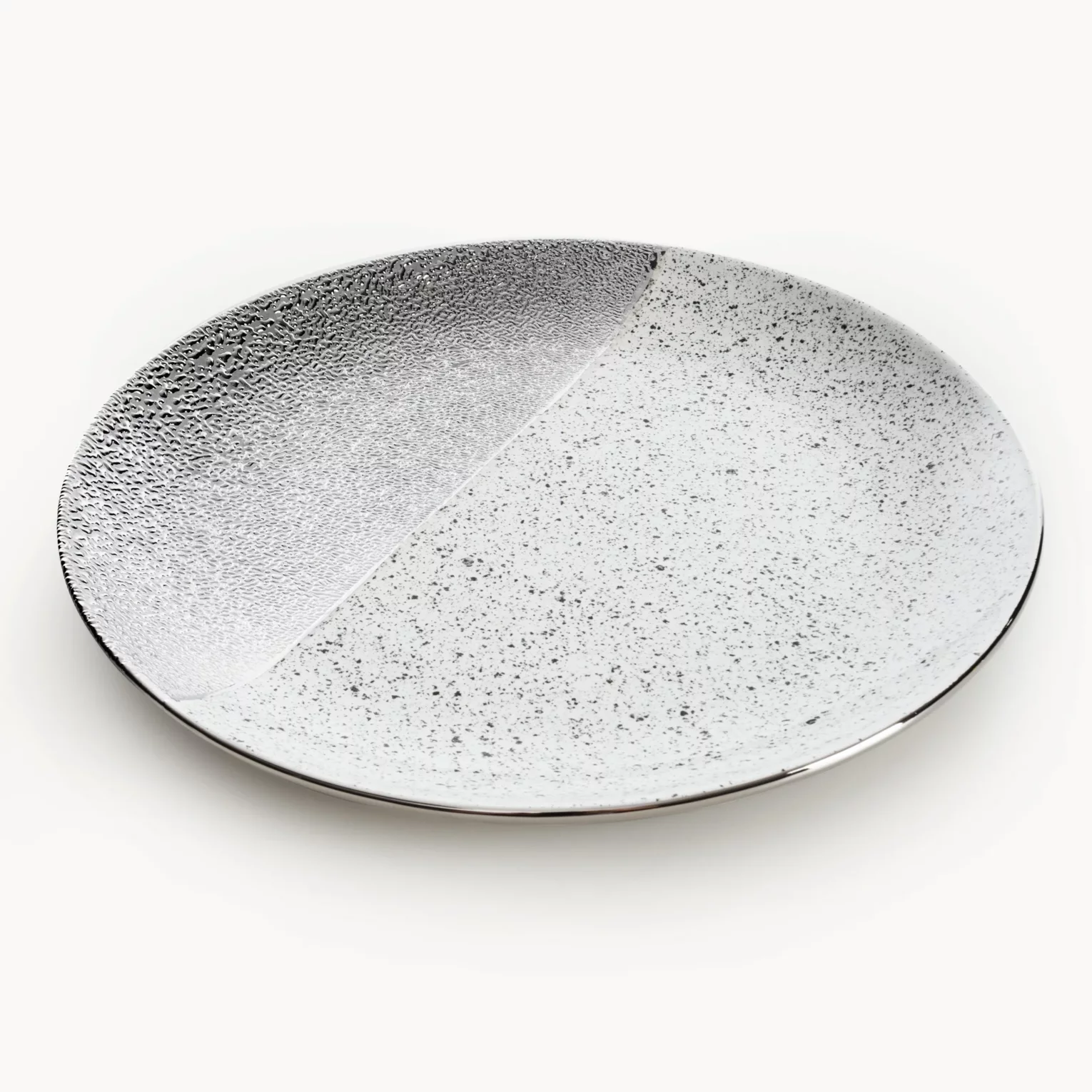 Patera ceramiczna dekoracyjna biało-srebrna  zdobiona imitacją granitu średnica 31x4 cm MILO