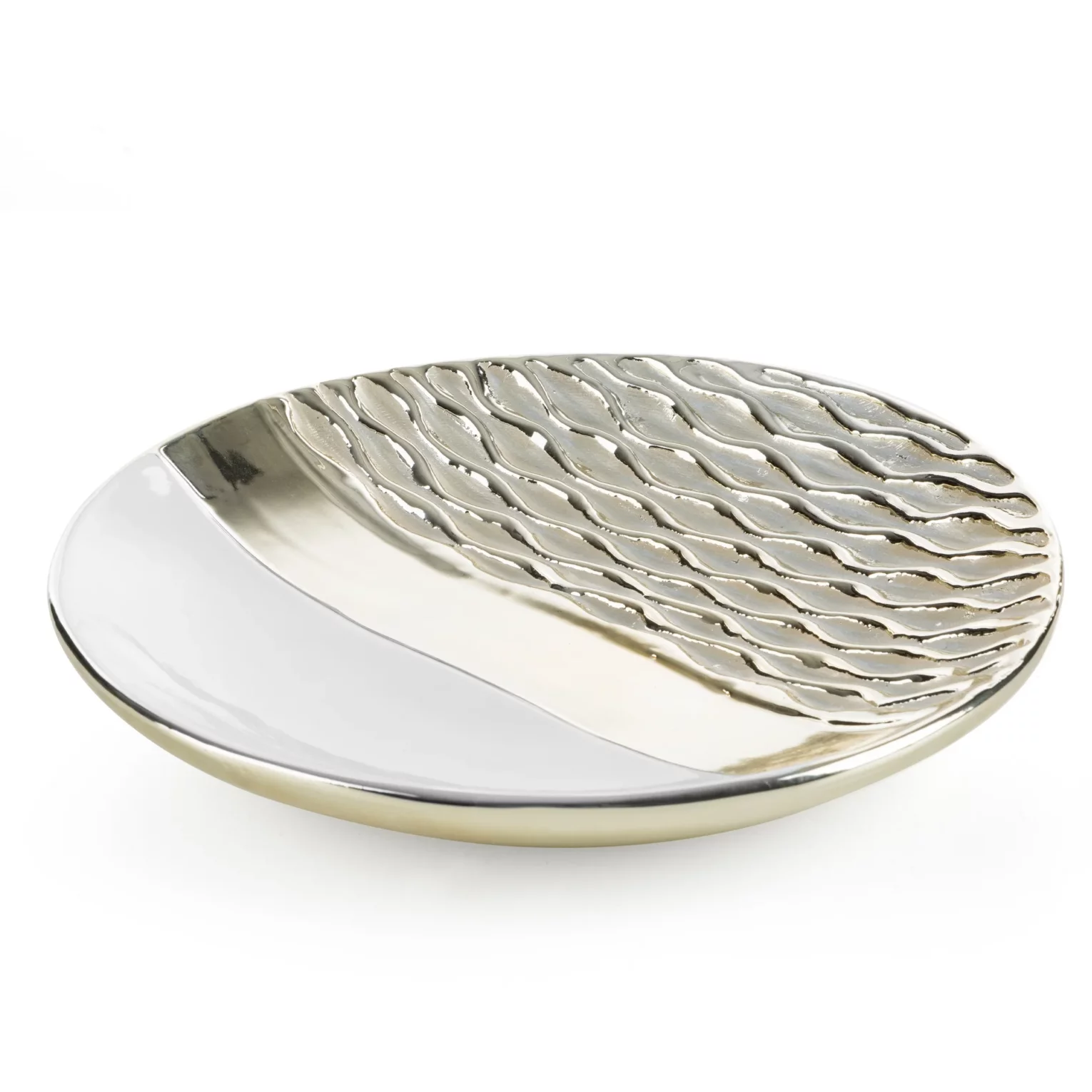 Patera ceramiczna dekoracyjna biało-szampańska  zdobiona wytłaczanym wzorem średnica 29x4 cm DOLY