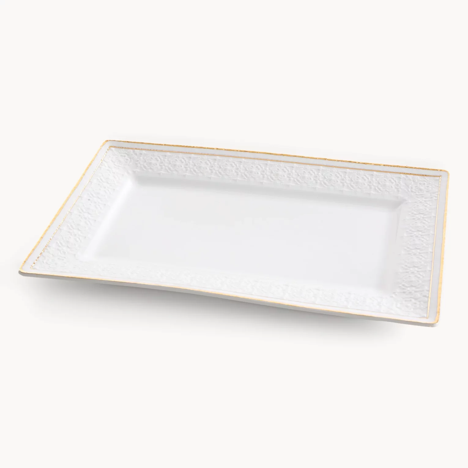 Patera ceramiczna dekoracyjna biało-złota  zdobiona subtelnym wytłaczanym wzorem 31x19x2 cm OLIVIA