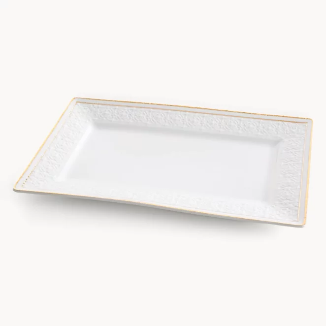 Patera ceramiczna dekoracyjna biało-złota  zdobiona subtelnym wytłaczanym wzorem 31x19x2 cm OLIVIA