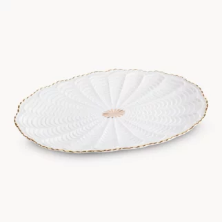 Patera ceramiczna dekoracyjna kremowo-złota z wypukłym wzorem i złotymi akcentami 36x25x2 cm GAIA