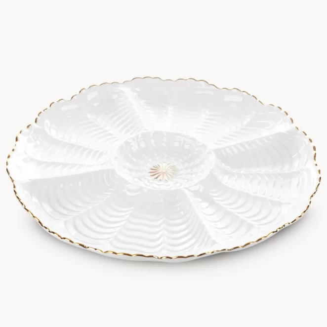 Patera ceramiczna dekoracyjna kremowo-złota z wypukłym wzorem i złotymi akcentami średnica 28x3 cm GAIA