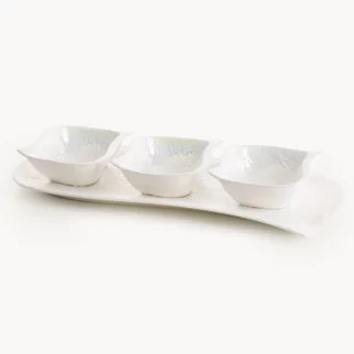 Patera ceramiczna dekoracyjna perłowa komplet z trzema miseczkami z wypukłym wzorem 18x41x6,5 cm NINA