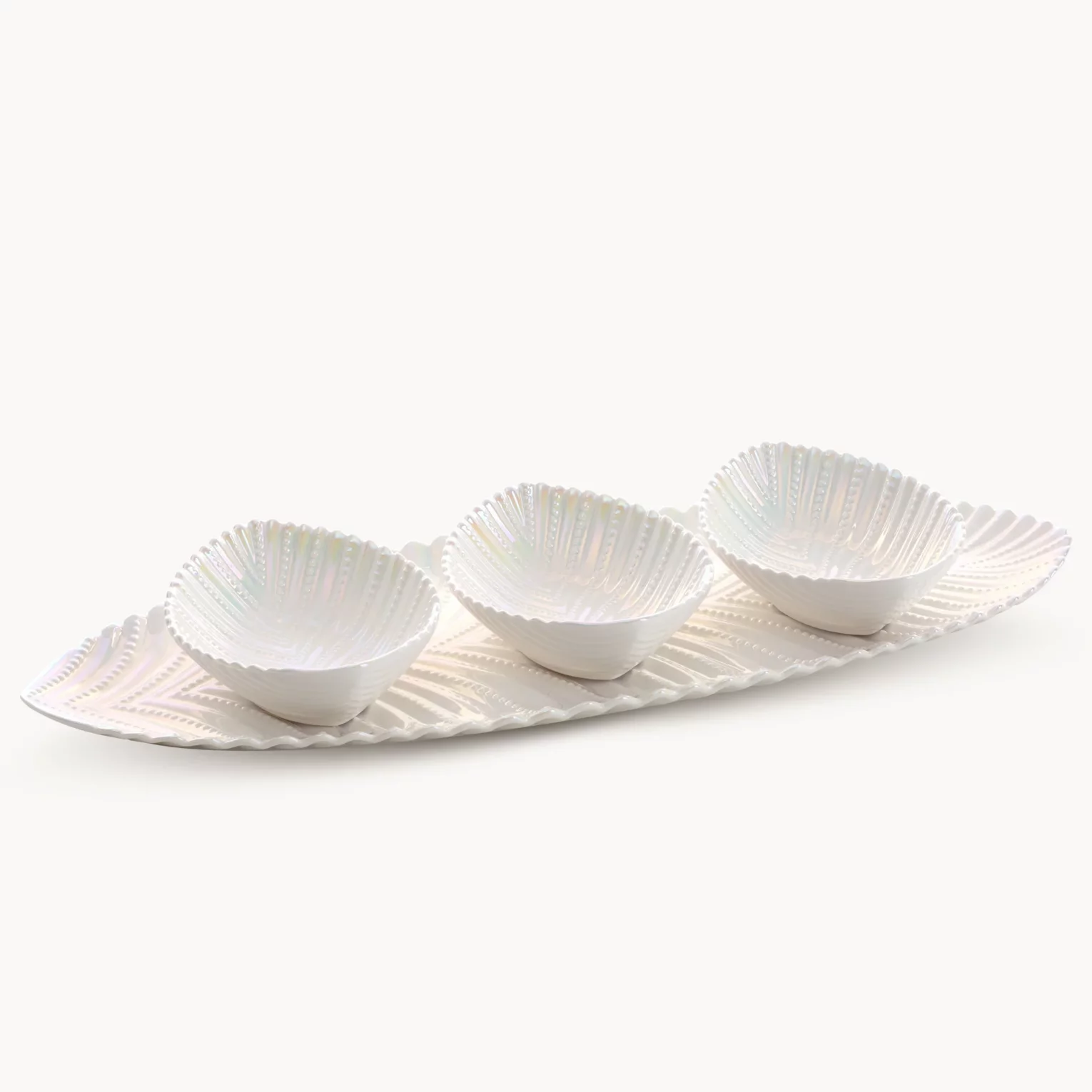 Patera ceramiczna dekoracyjna perłowa z trzema miseczkami w komplecie 17x48x6,5 cm NELA