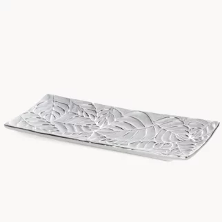 Patera ceramiczna dekoracyjna srebrna z tłoczonym wzorem liści 31x13x 3 cm MIRIAM