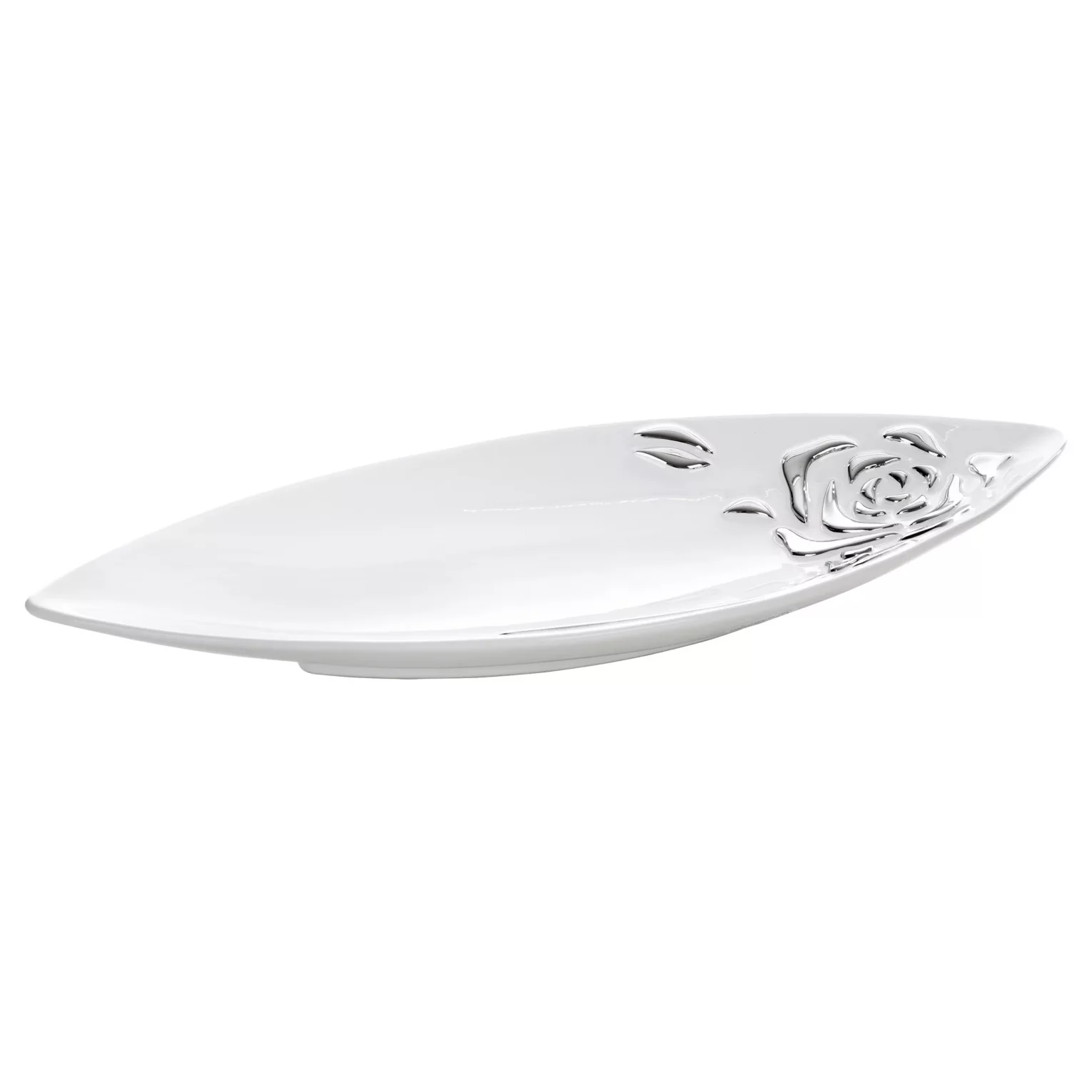 Patera ceramiczna dekoracyjna biało-srebrna  w kształcie łódki  zdobiona wypukłą różą 50x20x5 cm FLORESA