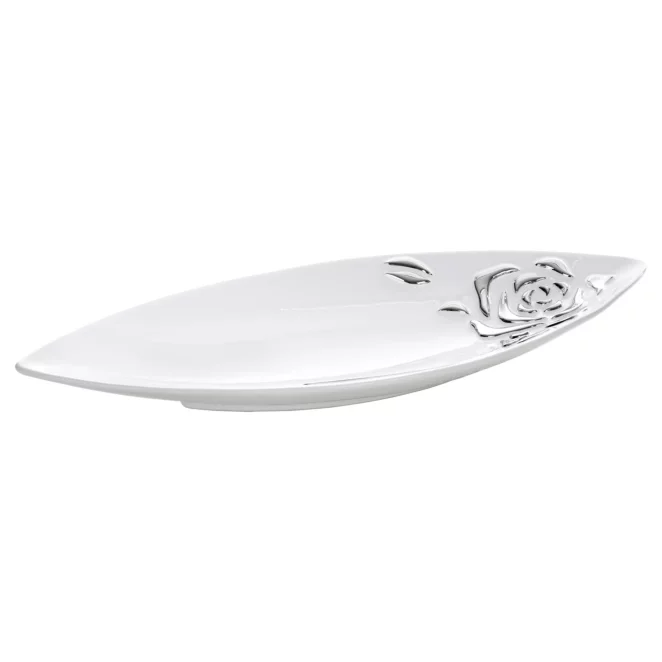 Patera ceramiczna dekoracyjna biało-srebrna w kształcie łódki zdobiona wypukłą różą 50x20x5 cm FLORESA