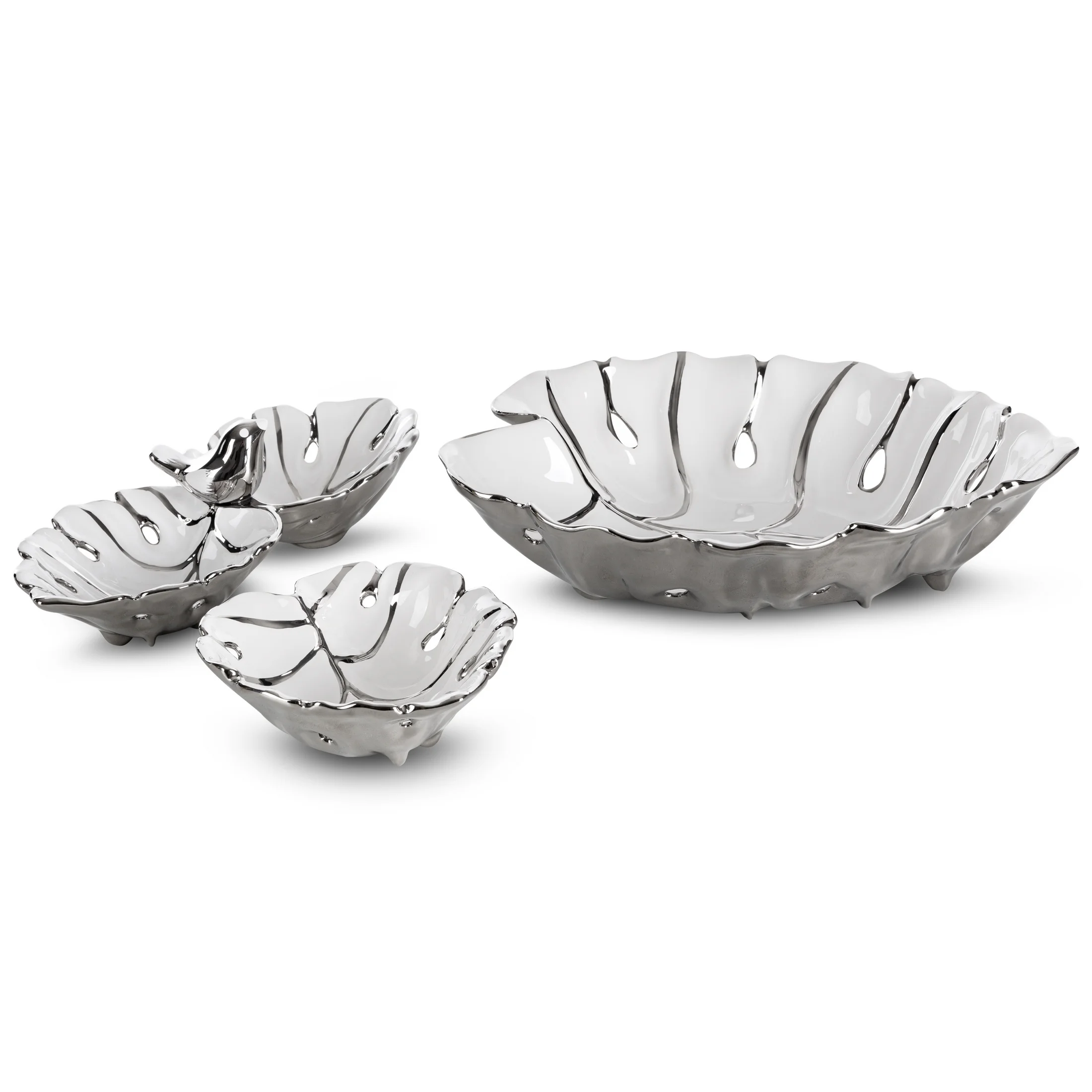 Misa ceramiczna dekoracyjna biało, srebrna w kształcie liścia monstery 13x16x6 cm MORISA