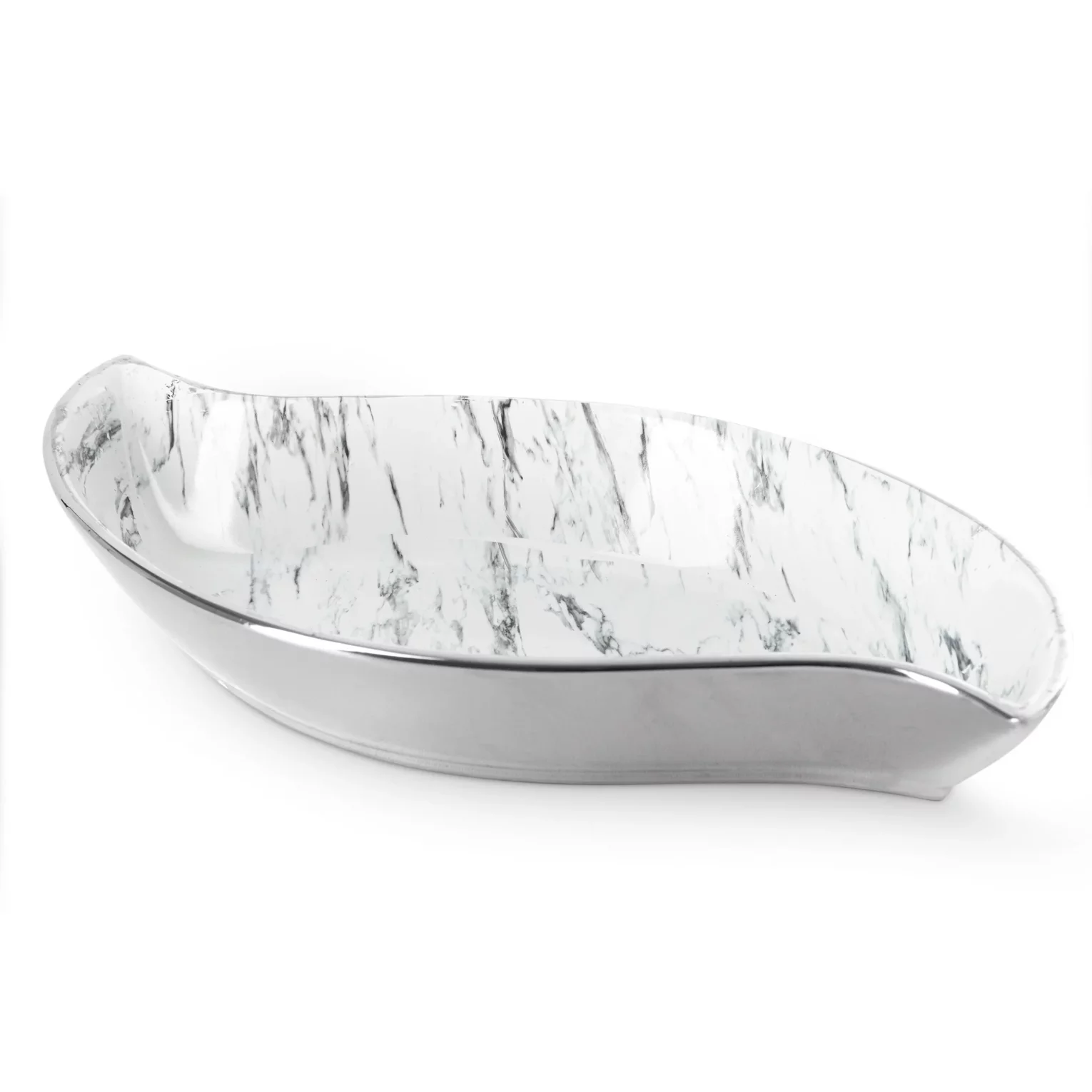 Patera ceramiczna dekoracyjna biało-srebrna  w kształcie łódki  z marmurkowym wzorem 36x19x6 cm