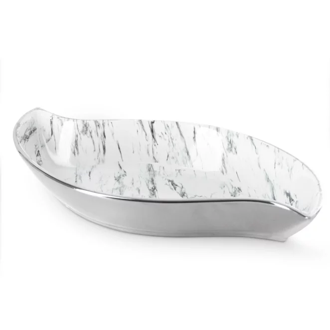 Patera ceramiczna dekoracyjna biało-srebrna  w kształcie łódki  z marmurkowym wzorem 36x19x6 cm