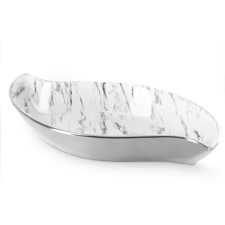 Patera ceramiczna dekoracyjna biało-srebrna w kształcie łódki z marmurkowym wzorem 36x19x6 cm