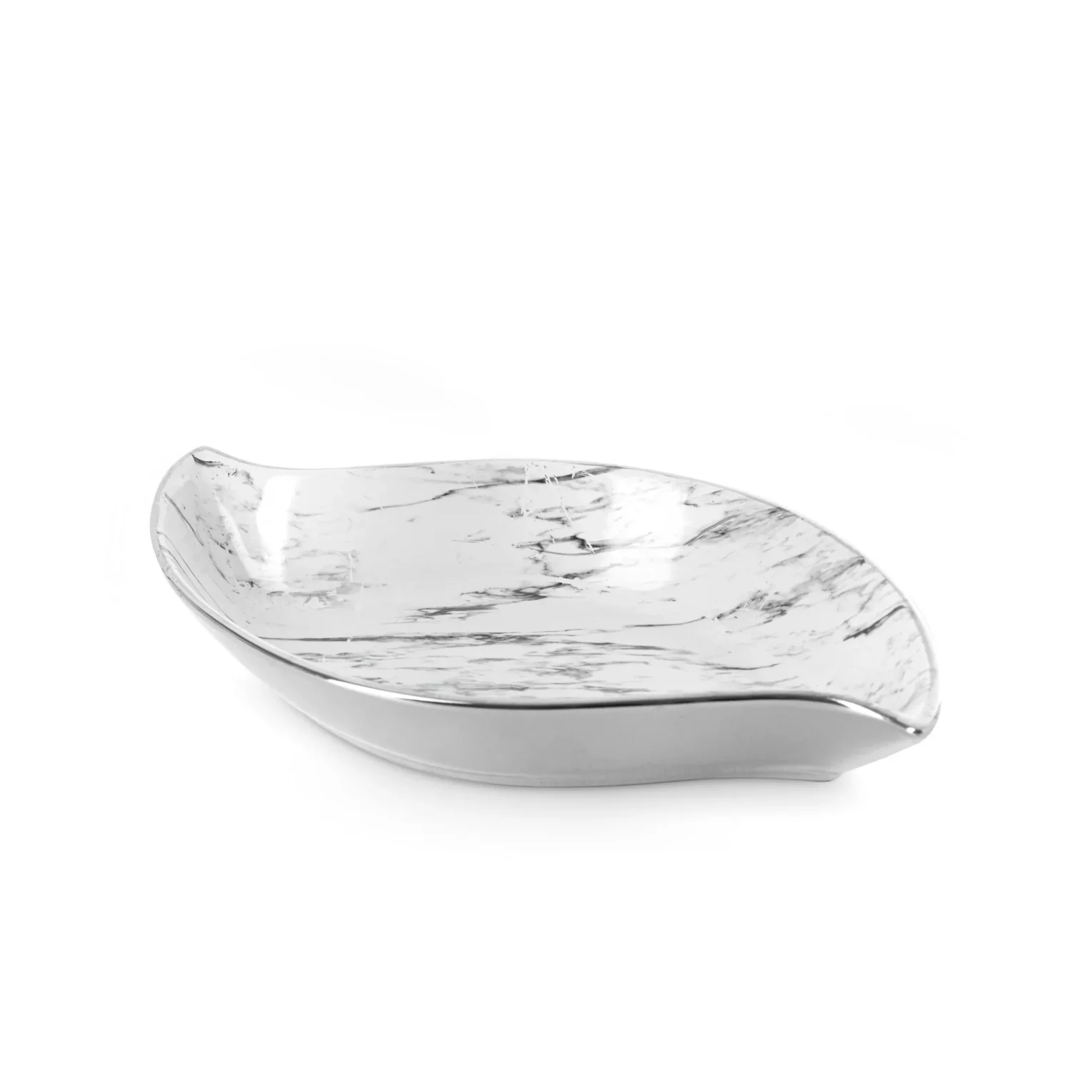 Patera ceramiczna dekoracyjna biało-srebrna  w kształcie łódki  z marmurkowym wzorem 31x17x5 cm