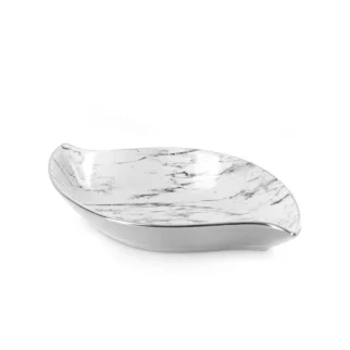 Patera ceramiczna dekoracyjna biało-srebrna  w kształcie łódki  z marmurkowym wzorem 31x17x5 cm