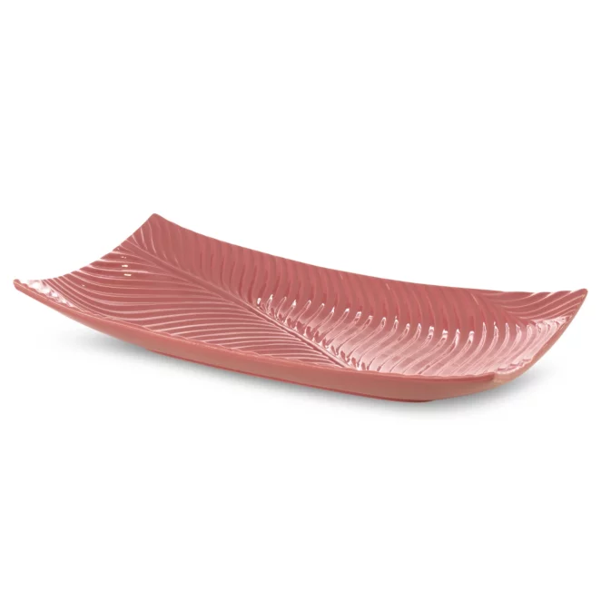 Patera ceramiczna dekoracyjna różowa z wytłaczanym wzorem prostokątna 45x25x8 cm SENA