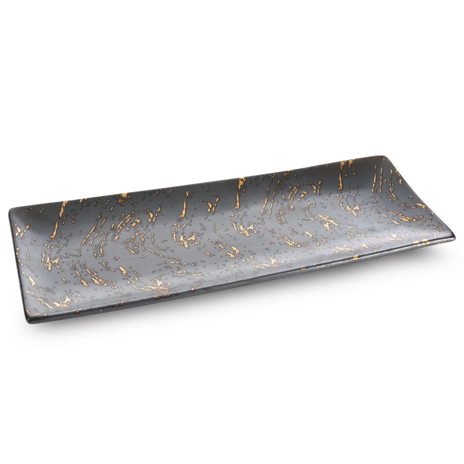Patera ceramiczna  dekoracyjna grafitowo, złota zdobiona przecieranym wzorem 38x14x4 cm ARIELA