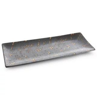 Patera ceramiczna  dekoracyjna grafitowo, złota zdobiona przecieranym wzorem 38x14x4 cm ARIELA