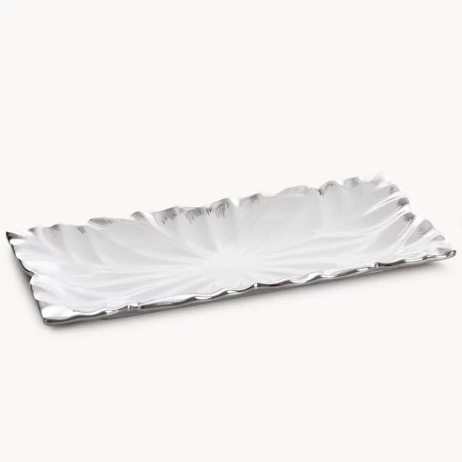 Patera ceramiczna dekoracyjna biało-srebrna zdobiona wypukłym wzorem 28x13x3 cm NIRA