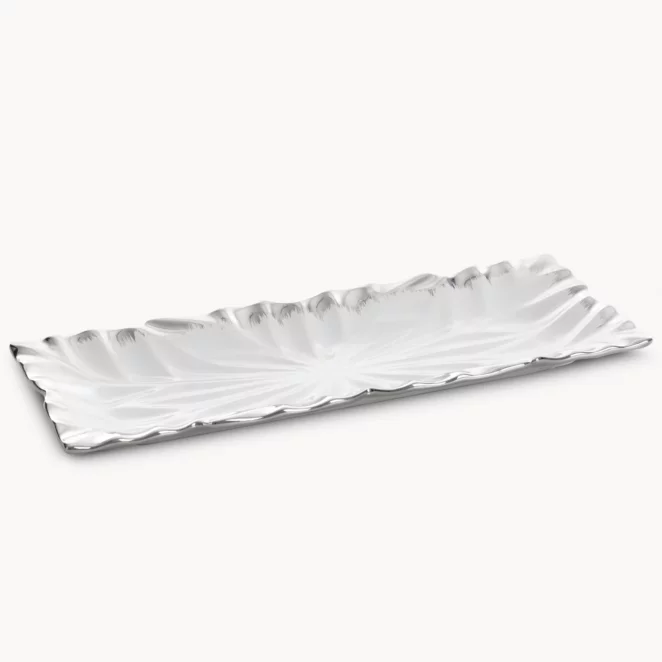 Patera ceramiczna dekoracyjna biało-srebrna zdobiona wypukłym wzorem 38x15x3 cm NIRA