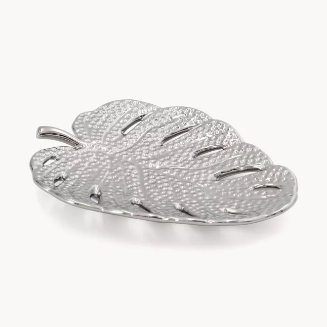 Patera dekoracyjna srebrna w kształcie liścia monstery 20x15x3 cm KARLO