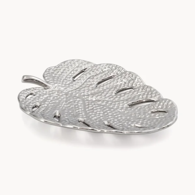 Patera dekoracyjna srebrna w kształcie liścia monstery 20x15x3 cm KARLO