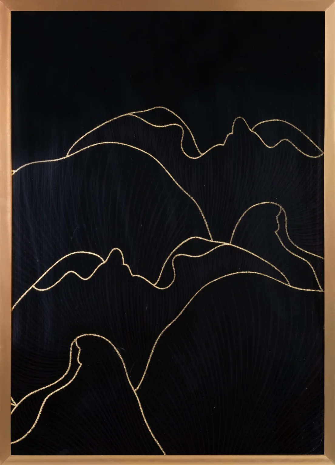 Obraz abstrakcja czarny ze złotym błyszczącym nadrukiem w złotej ramie 53x73 cm PEONIA 1 LIMITED COLLECTION