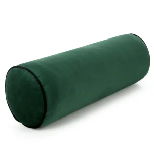 Poduszka dekoracyjna wałek 15 x 45 cm welwetowa ciemnozielona zdobiony kontrastującą lamówką GAJA