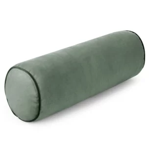 Poduszka dekoracyjna wałek 15 x 45 cm welwetowa jasnomiętowa zdobiony kontrastującą lamówką GAJA