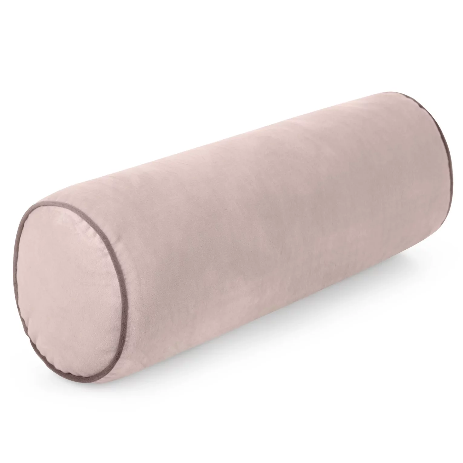 Poduszka dekoracyjna wałek 15 x 45 cm welwetowa pudrowa zdobiony kontrastującą lamówką GAJA