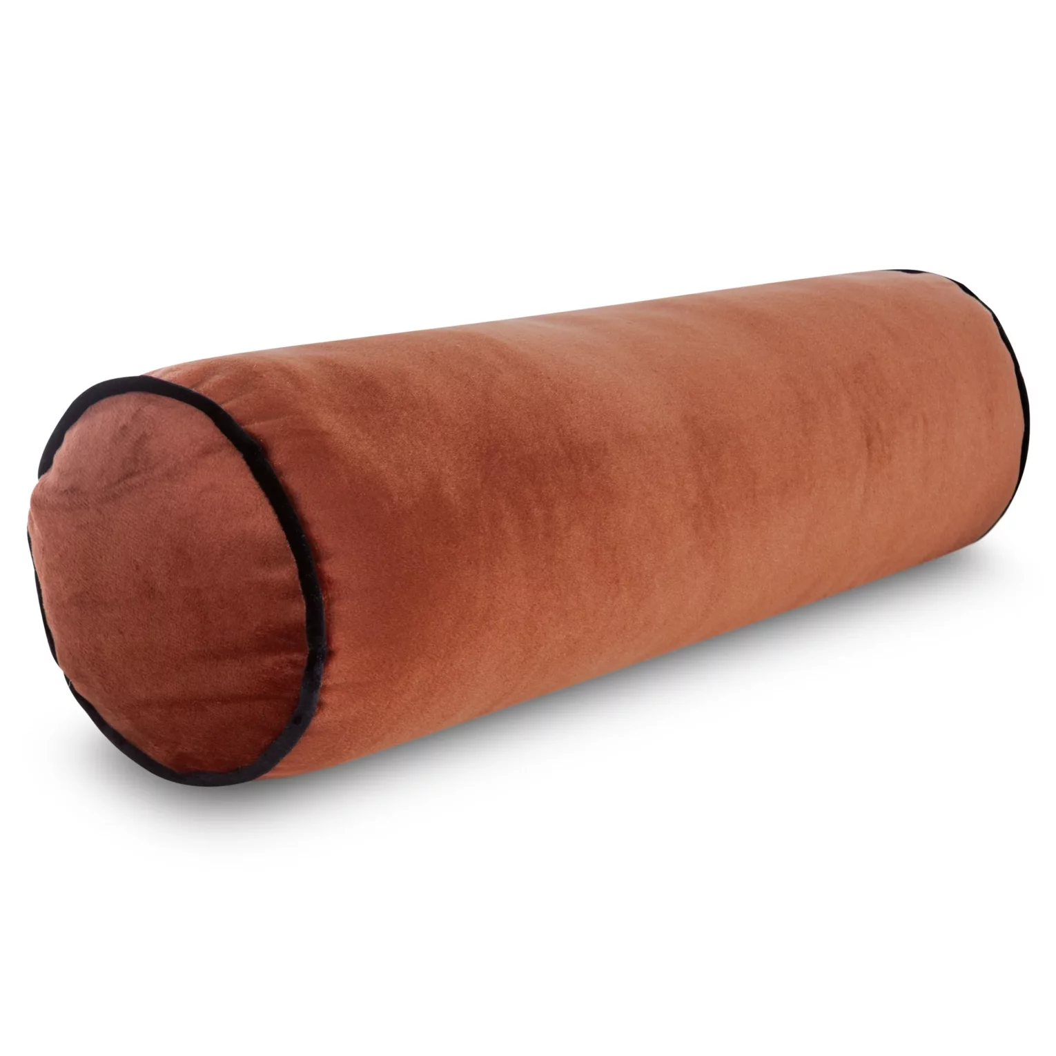 Poduszka dekoracyjna wałek 15 x 45 cm welwetowy ceglasty zdobiony kontrastującą lamówką GAJA