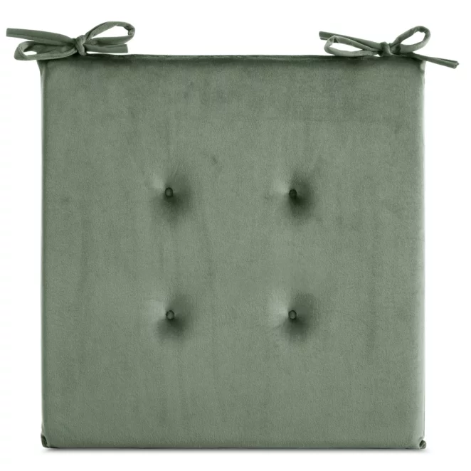 Poduszka na krzesło 40 x 40 x 3 cm welwetowa oliwkowa z ozdobnym pikowaniem i praktycznymi troczkami GAJA