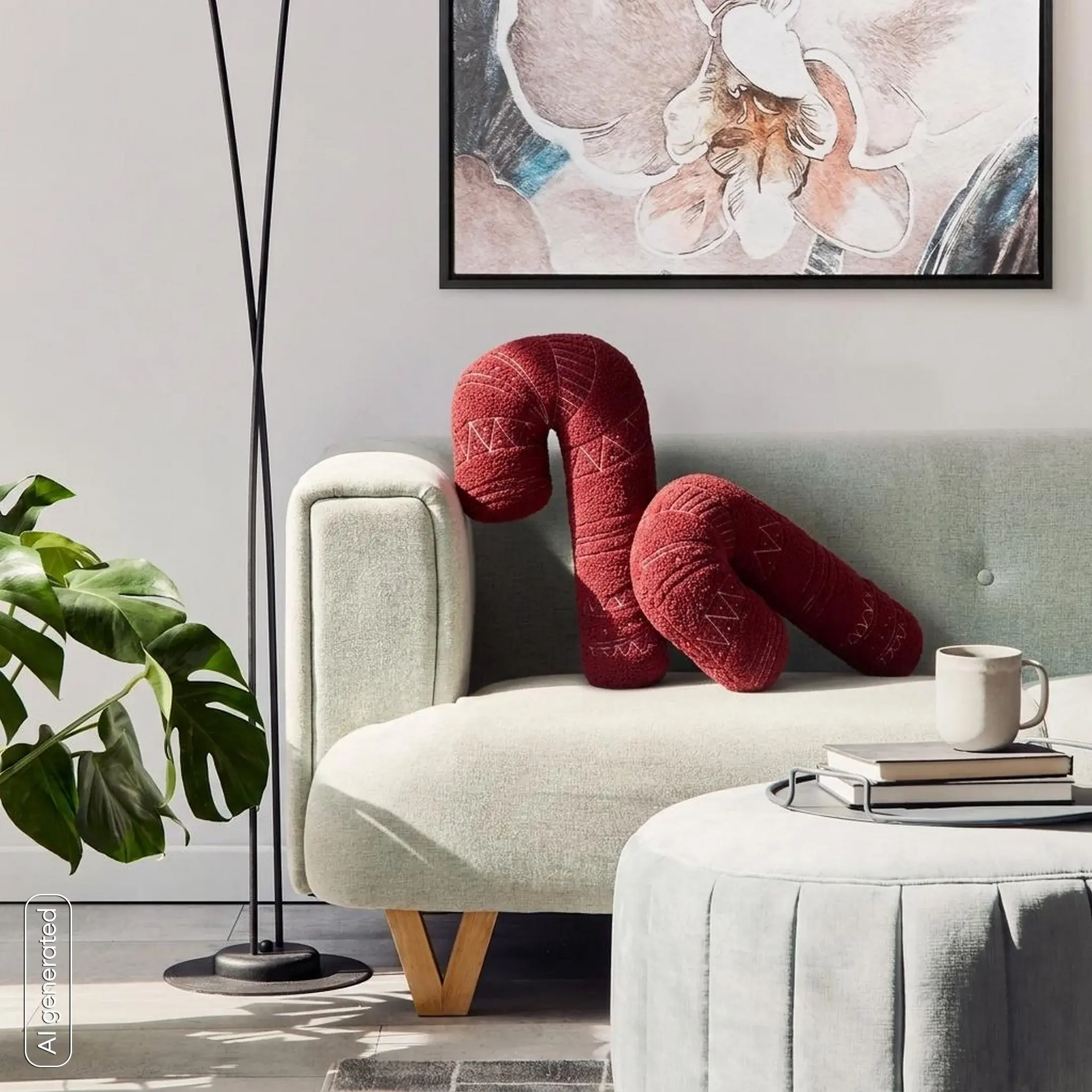 Poduszka świąteczna laska cukrowa 27x46 cm z tkaniny typu bukla czerwono, biała