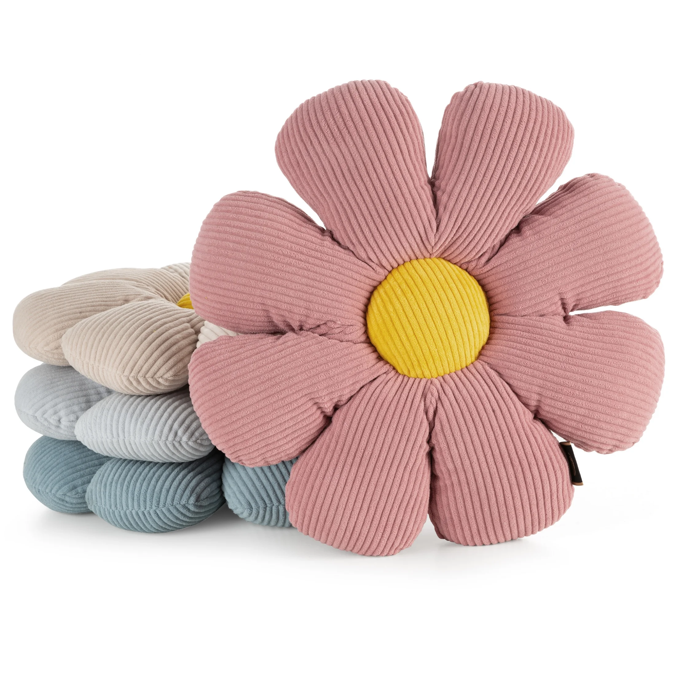 Poduszka w formie kwiatka średnica 37 cm z sztruksu srebrno, żółta FLOWER