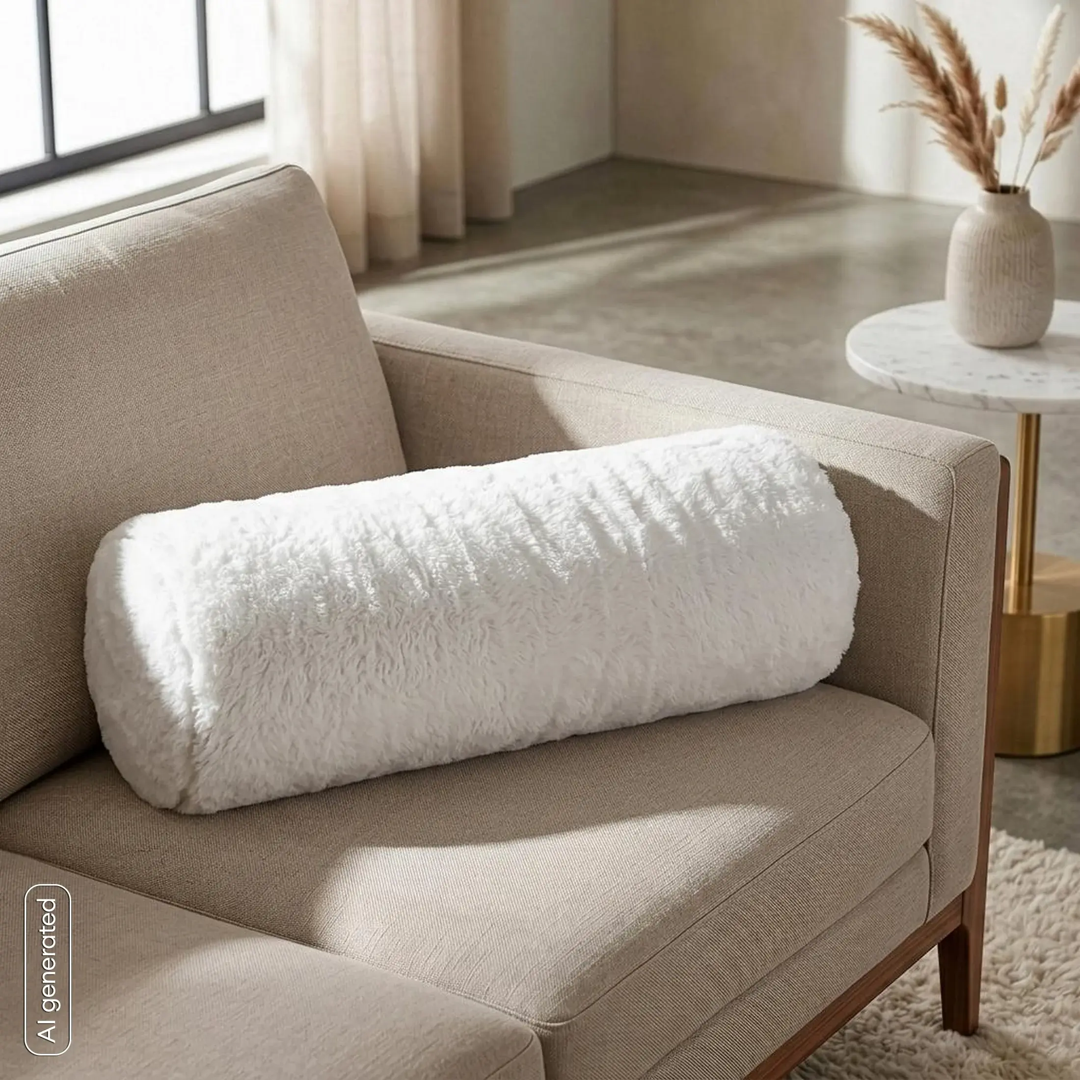 Poduszka wałek 15x45 cm biały z miękkiej futrzanej tkaniny NINA