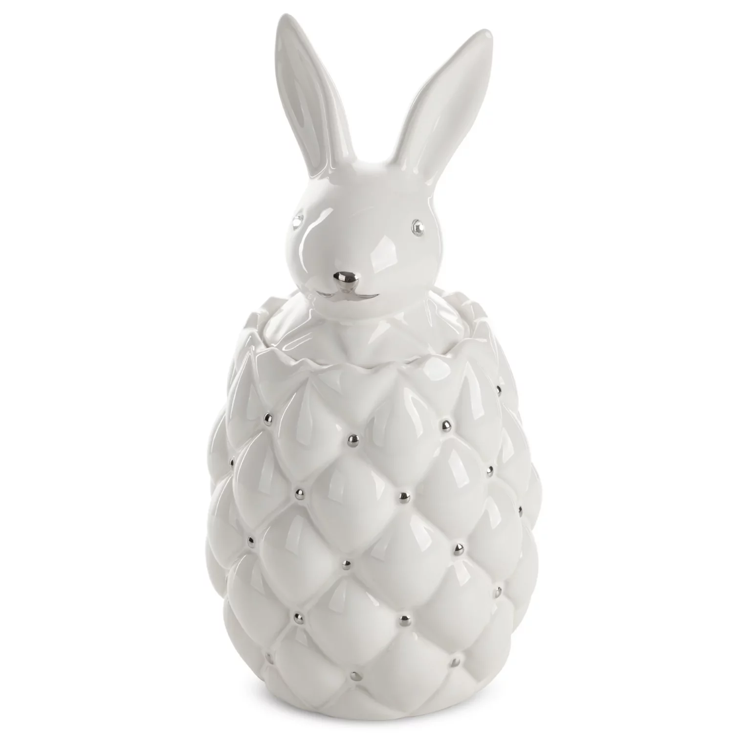 Pojemnik ceramiczny dekoracyjny biało-srebrny zdobiony króliczkiem średnica 14x30 cm ADORE