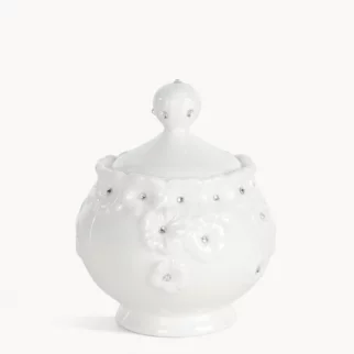 Pojemnik dekoracyjny biały zdobiony w drobne kwiaty z błyszczącym wykończeniem 10x12 cm ELISA