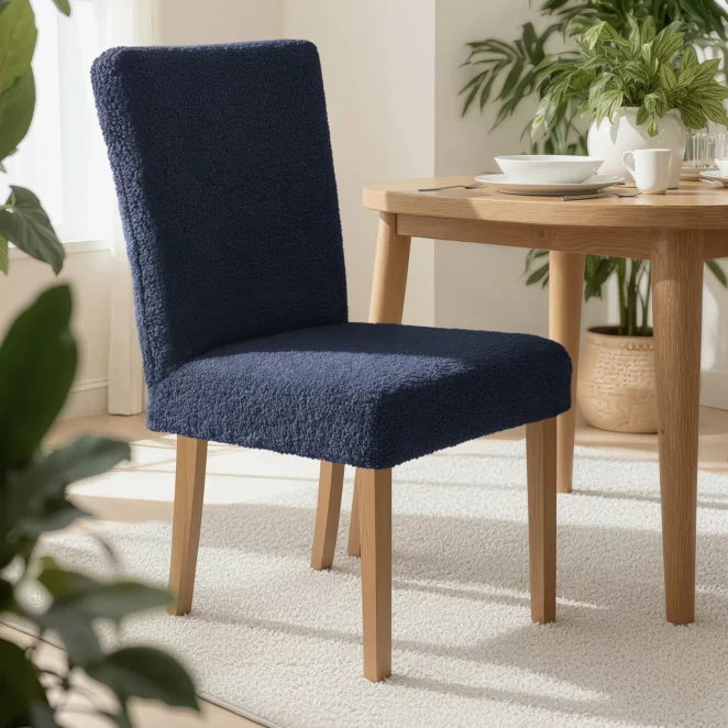 Pokrowiec na krzesło granatowy wodoodporny  o strukturze boucle Design 91