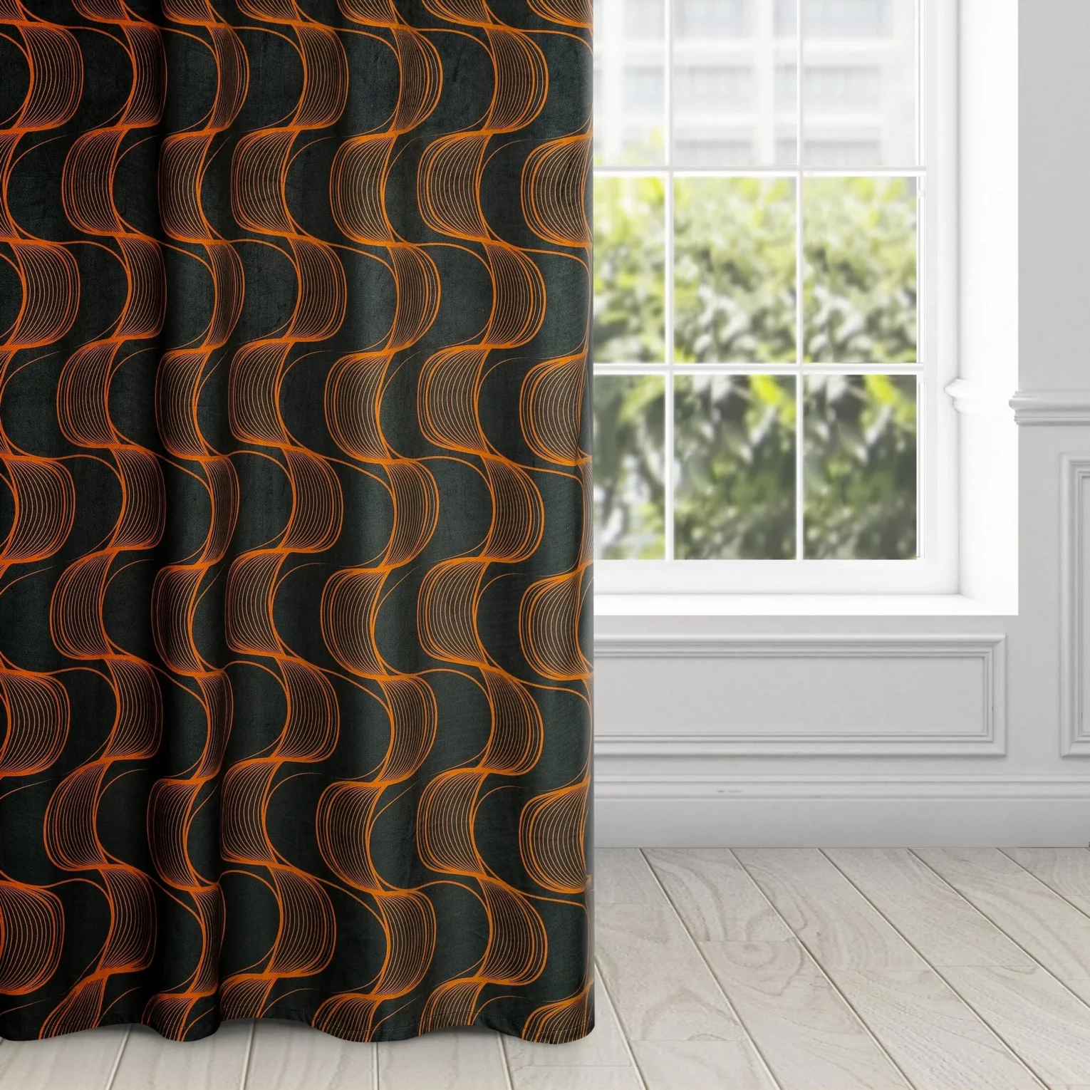 Zasłona czarno, ruda z wzorem pionowych fal, z welwetu 140x250 cm przelotka - POLA