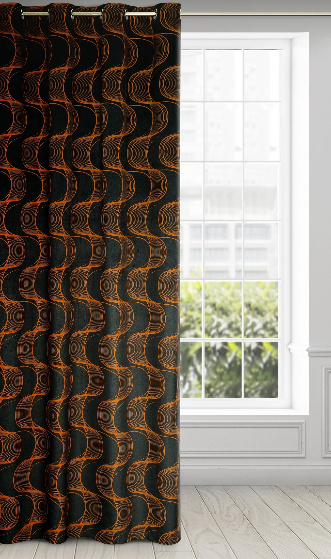 Zasłona czarno, ruda z wzorem pionowych fal, z welwetu 140x250 cm przelotka - POLA