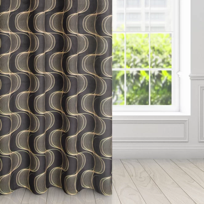 Zasłona czarno, beżowa z wzorem pionowych fal, z welwetu 140x250 cm przelotka - POLA